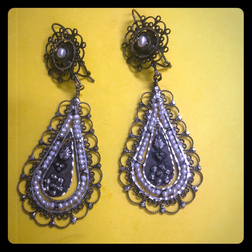 Vintage sterling silver filigree pearl earrings